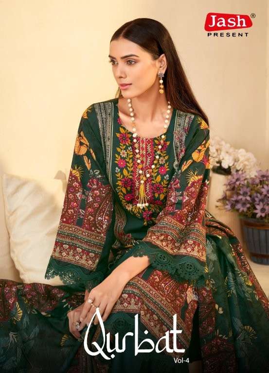 JASH QURBAT VOL-4 4001 TO 4008 SERIES PURE COTTON PRINTED PAKISTANI DRESSES-00201