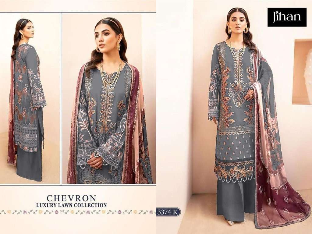 JIHAN CHEVRON LUXURY LAWN COLLECTION 3374 SERIES PURE HEAVY LAWN COTTON EMBROIDERY PAKISTANI DRESSES...