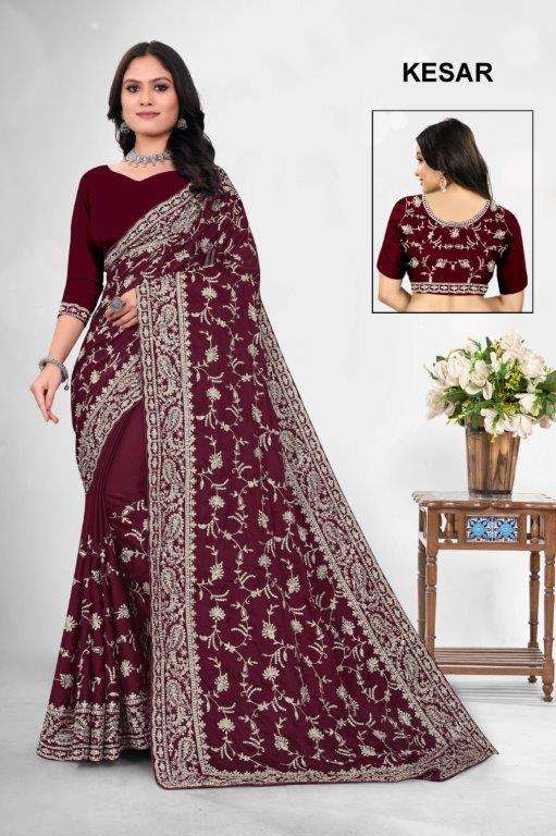 KESAR COLOUR BY ASLIWHOLESALE DESIGNER PURE SATIN SILK EMBROIDERY SAREES-00103