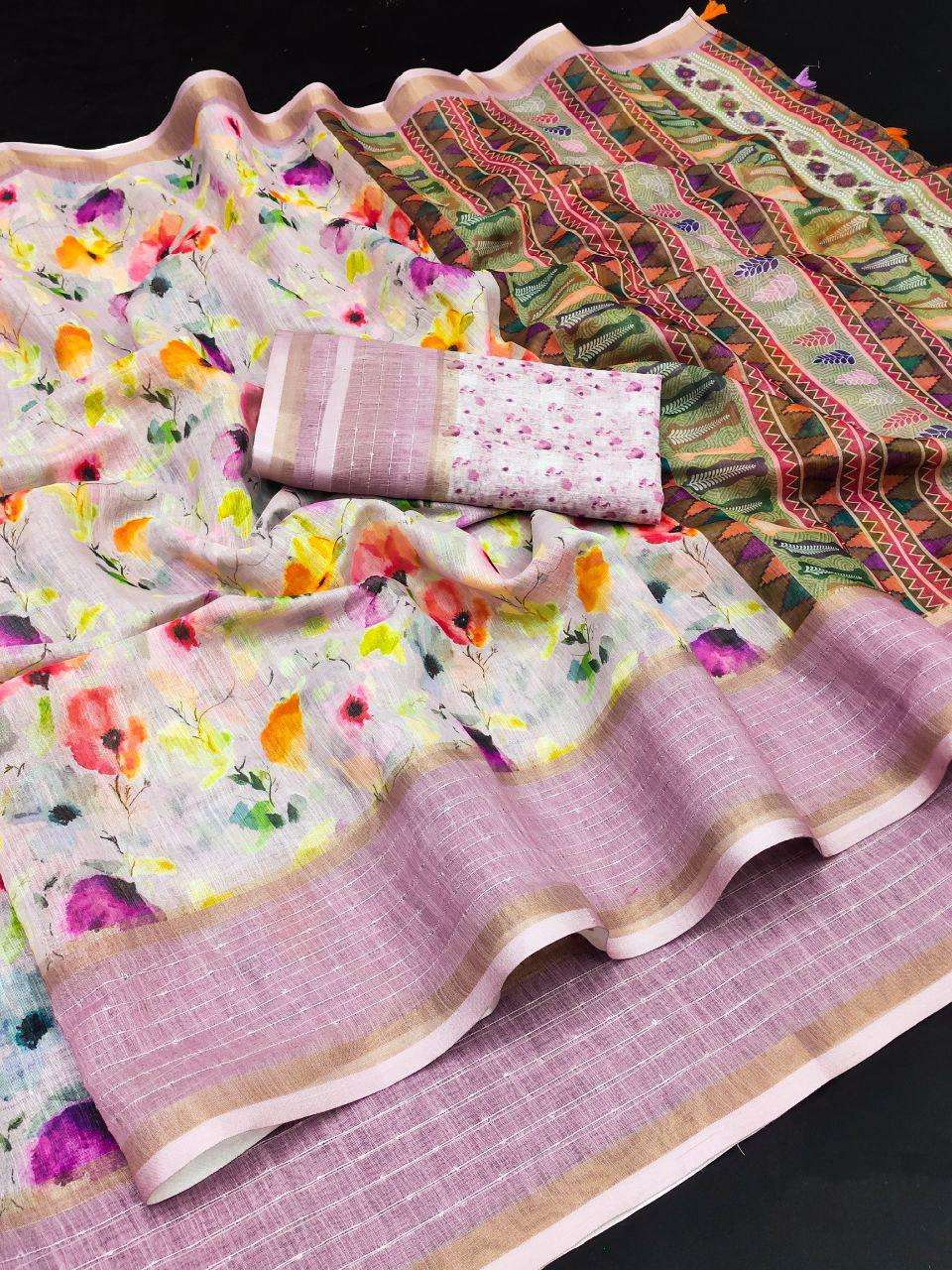 MAHI BY ASLIWHOLESALE DESIGNER PURE SOFT LINEN SILK SAREES-00279