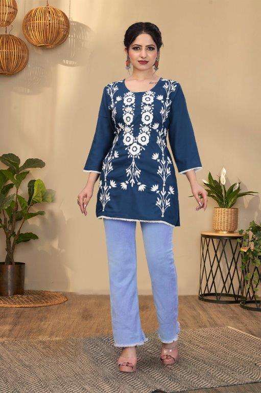 MONEY BY ASLIWHOLESALE DESIGNER PURE RAYON CHIKANKARI EMBROIDERY KURTIS-00265