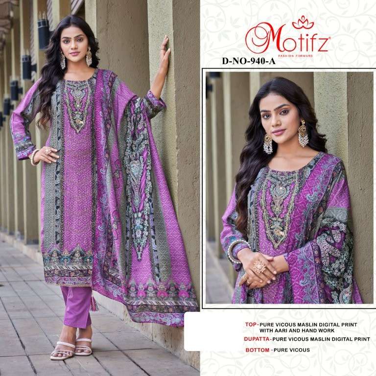 MOTIFZ 940 PURE HEAVY EMBROIDERY VISCOSE MUSLIN PAKISTANI DRESSES-00201