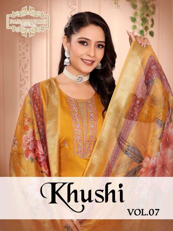 PADMAVATI TEXTILE KHUSHI VOL-7 6001 TO 6008 SERIES PURE ROMAN SILK DRESSES-00062