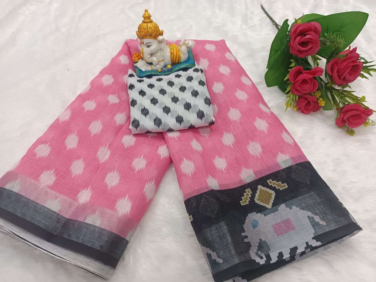 PINK IKAT BY ASLIWHOLESALE DESIGNER PURE LINENE COTTON PRINTED SAREES-00249