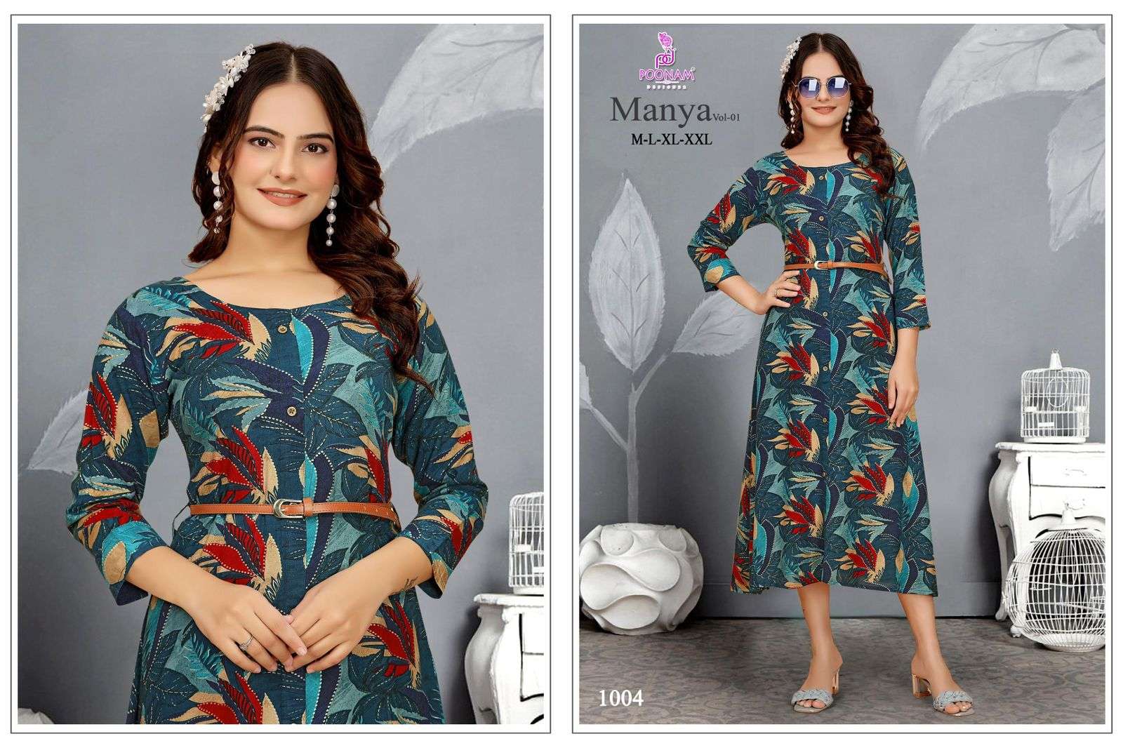 POONAM DESIGNER MANYA VOL-1 1001 TO 1005 SERIES PURE RAYON PRINTED GOWN-00011