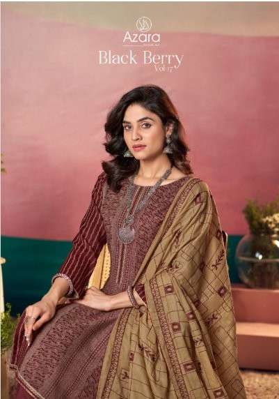 RADHIKA FASHION AZARA BLACK BERRY VOL-17 HEAVY EMBROIDERY COTTON PRINTED DRESSES-00011