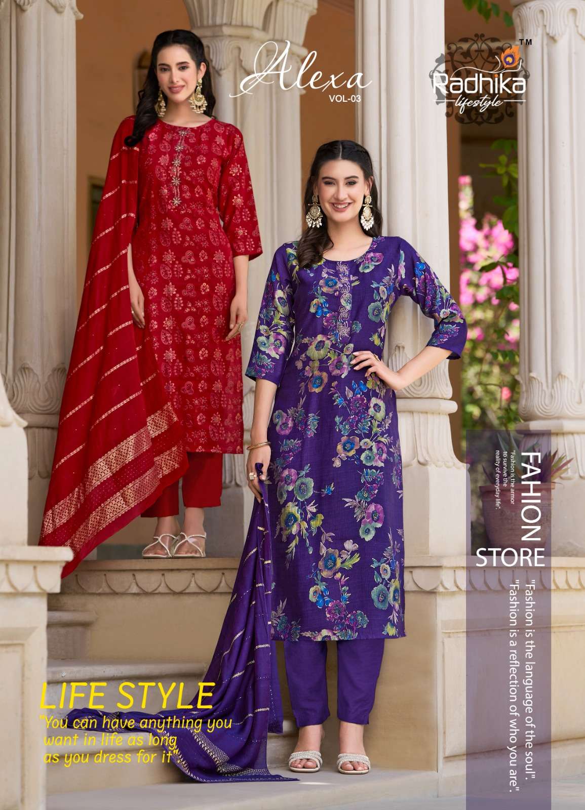 RADHIKA LIFESTYLE ALEXA VOL-3 3001 TO 3006 SERIES PURE VERTICAN SILK PRINTED DRESSES-00014