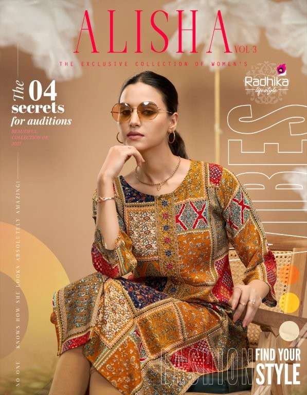 RADHIKA LIFESTYLE ALISHA VOL-03 3001 TO 3009 SERIES PURE RAYON PRINTED KURTIS-00140