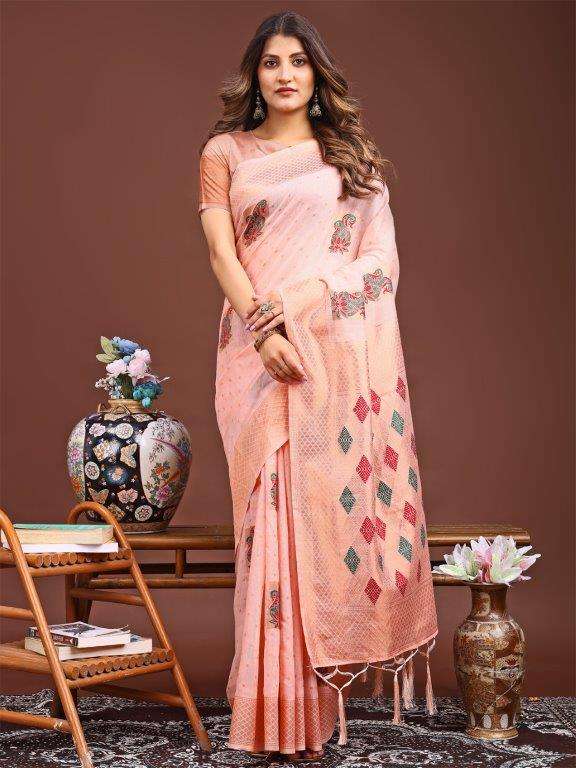 SAANJH BY ASLIWHOLESALE DESIGNER PURE LINENE COTTON SAREES-00281