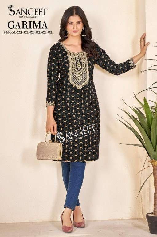 SANGEET GARIMA 1001 TO 1006 SERIES PURE RAYON EMBROIDERY KURTIS-00014