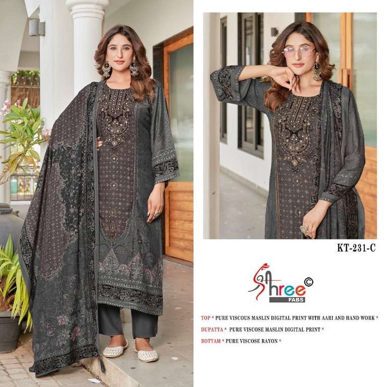 SHREE FAB KT-231 HEAVY VISCOSE MUSLIN EMBROIDERY PAKISTANI DRESSES-00201
