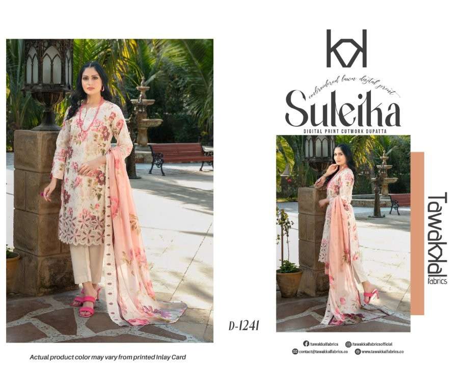TAWAKKAL FABRICS SULEIKA D-1241 TO D-1247 SERIES PURE COTTON EMBROIDERY PAKISTANI DRESSES-00201