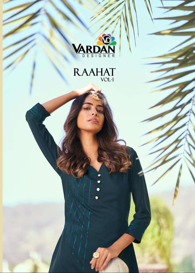 VARDAN DESIGNER RAAHAT VOL-1 6501 TO 6504 SERIES PURE ROMAN SILK KURTIS-00154