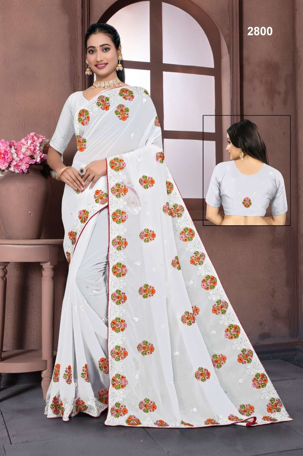2800 & 3007 COLOUR BY ASLIWHOLESALE DESIGNER PURE GEORGETTE EMBROIDERY PRINTED SAREES- 00103