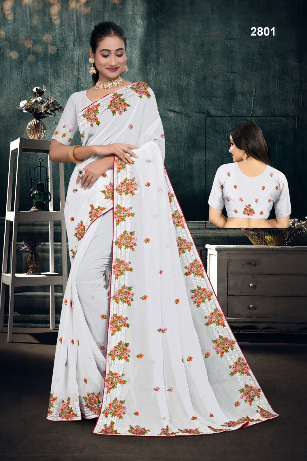 2801 & 3008 COLOUR BY ASLIWHOLESALE DESIGNER PURE GEORGETTE EMBROIDERY PRINTED SAREES-00103