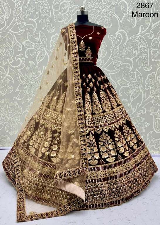 2867 HIT COLOUR BY ASLIWHOLESALE DESIGNER PURE VELVET EMBROIDERY PRINTED LEHENGAS-00130
