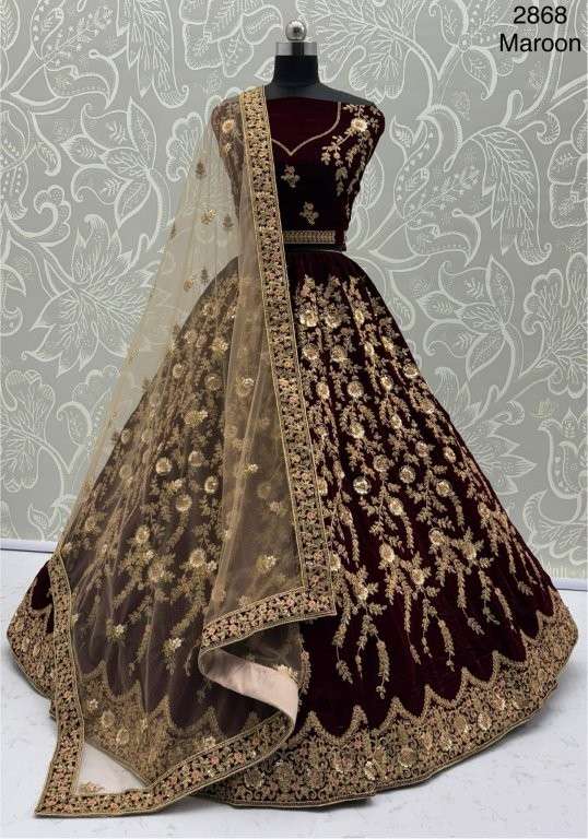 2868 HIT COLOUR BY ASLIWHOLESALE DESIGNER PURE VELVET EMBROIDERY LEHENGAS-00130