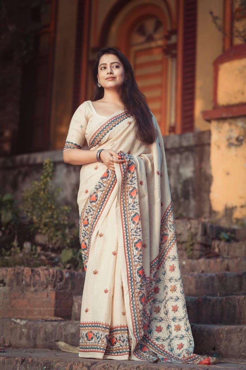 299 MADHUBHANI LINEN BY ASLIWHOLESALE DESIGNER PURE SOFT LINEN PRINTED SAREES-00254