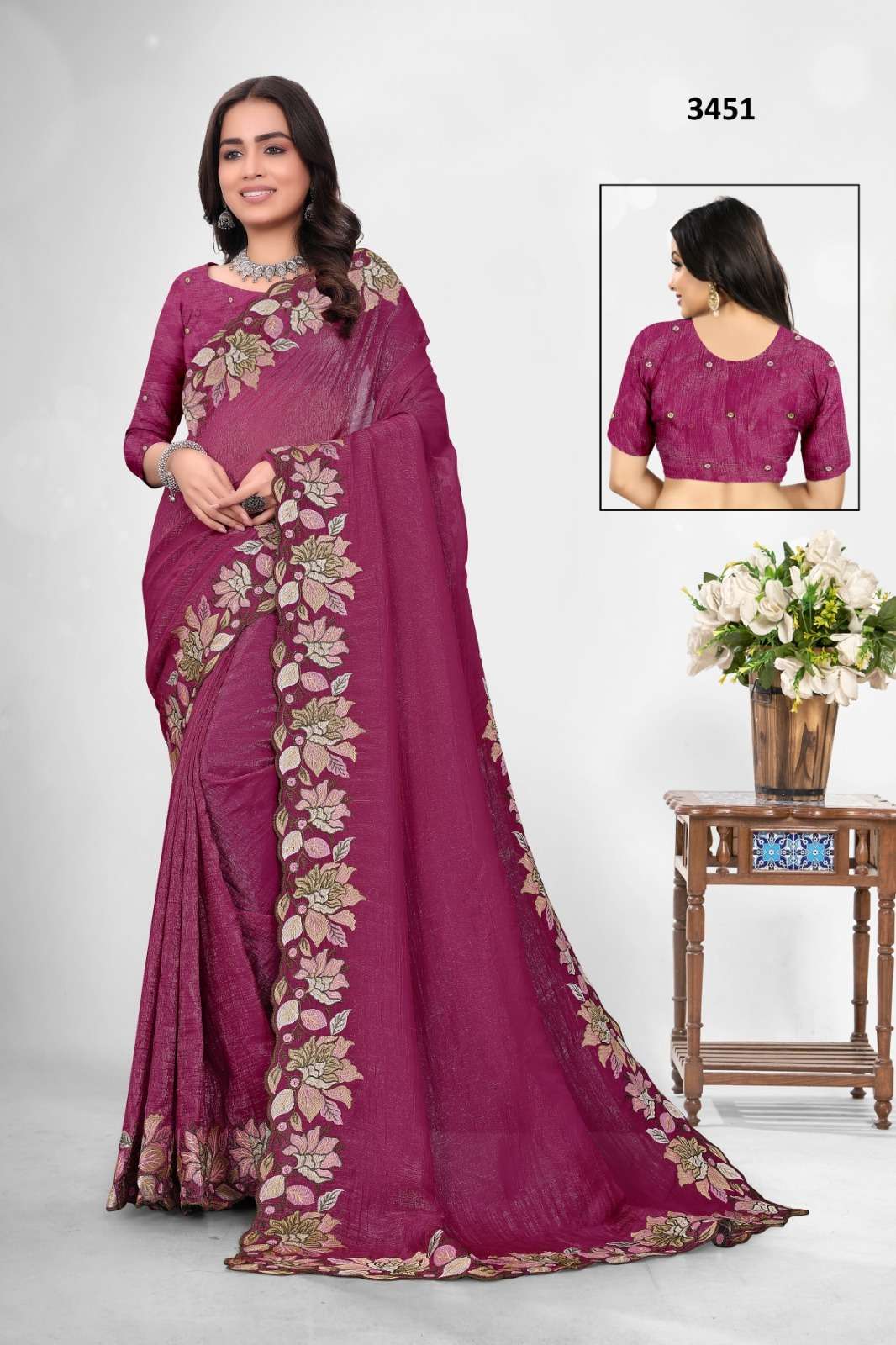 3451 COLOUR BY ASLIWHOLESALE DESIGNER PURE FANCY EMBROIDERY PRINTED SAREES-00103
