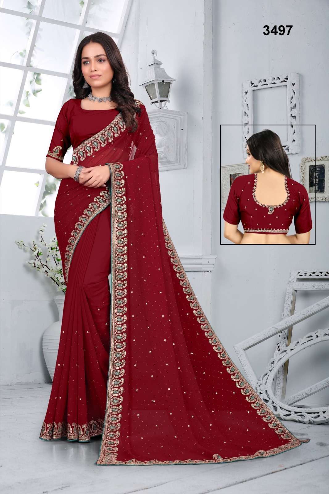3497 COLOUR BY ASLIWHOLESALE DESIGNER PURE FANCY EMBROIDERY PRINTED SAREES-00103