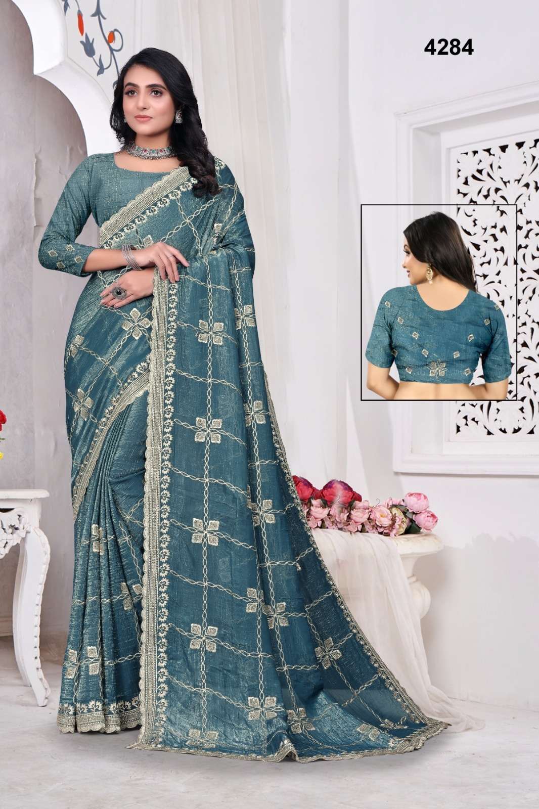 4284 COLOUR BY ASLIWHOLESALE DESIGNER PURE FANCY EMBROIDERY PRINTED SAREES-00103