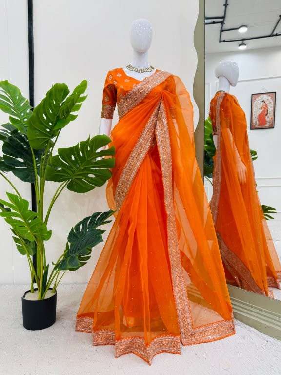 596 HIT COLOUR BY ASLIWHOLESALE DESIGNER PURE ORGANZA SILK EMBROIDERY PRINTED SAREES-00241