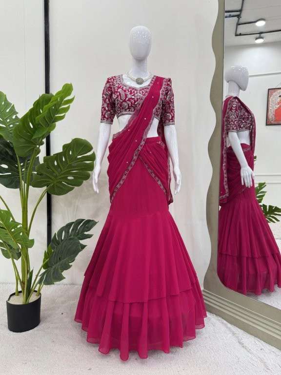 6492 HIT COLOUR BY ASLIWHOLESALE DESIGNER PURE FAUX GEORGETTE EMBROIDERY PRINTED LEHENGA SAREES-0024...