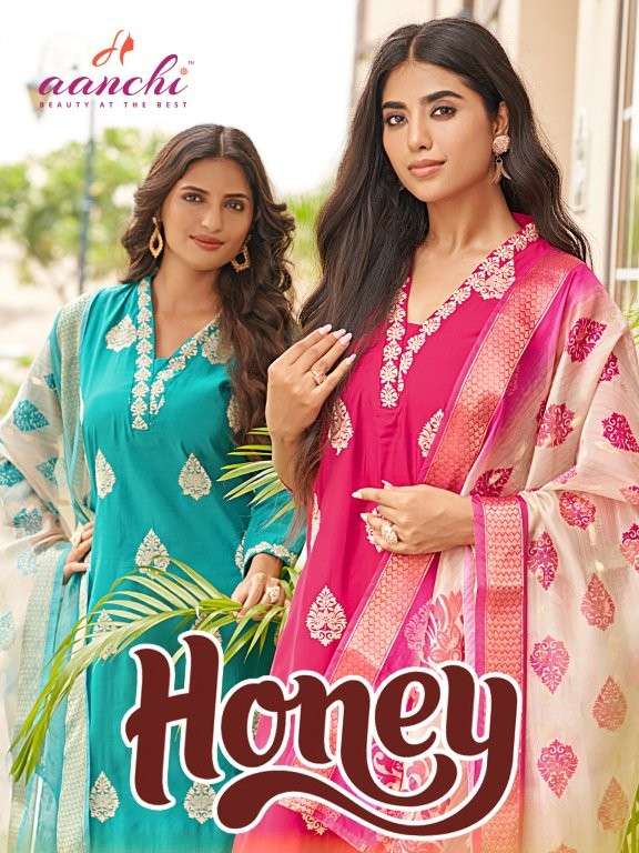AANCHI HONEY PURE ROMAN SILK EMBROIDERY PRINTED DRESSES-00286