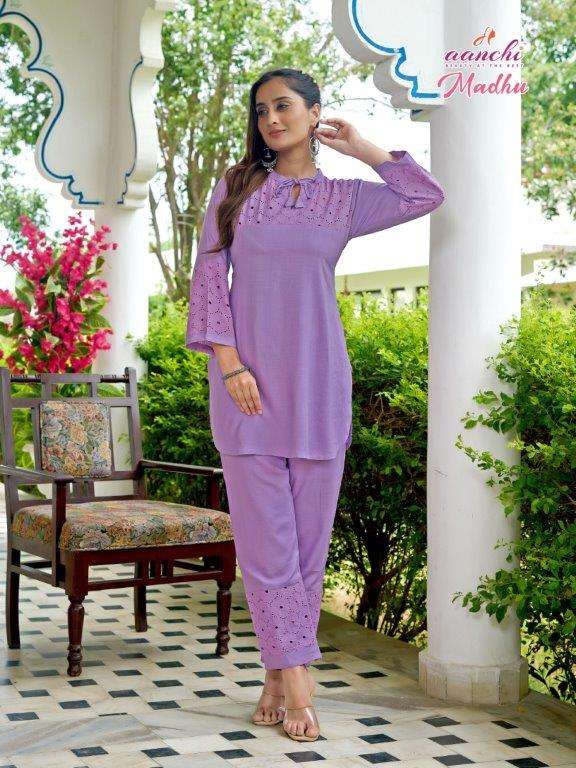AANCHI MADHU 1001 TO 1004 SERIES PURE RAYON SLUB CO-ORD SET-00286