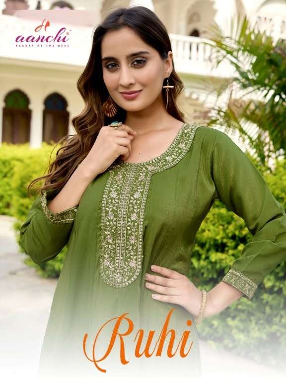 AANCHI RUHI PURE FANCY ROMN SHIMMER EMBROIDERY PRINTED KURTIS-00286