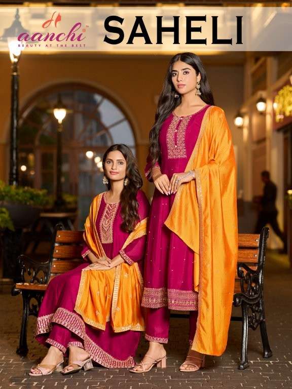 AANCHI SAHELI PURE VICHITRA SILK EMBROIDERY PRINTED DRESSES-00286