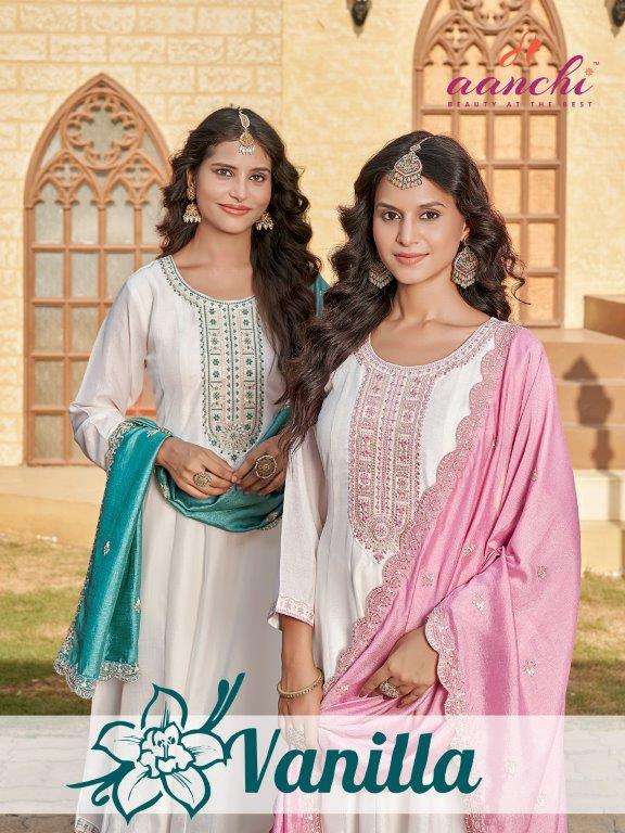 AANCHI VANILLA PURE VICHITRA SILK EMBROIDERY PRINTED DRESSES-00286