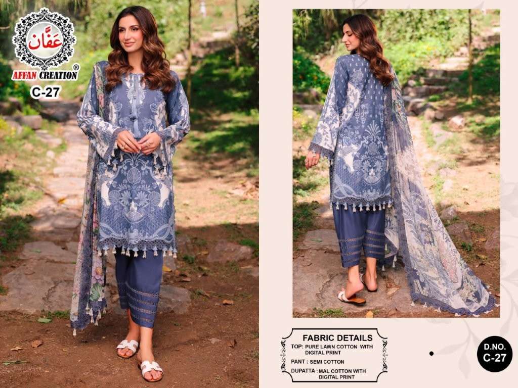 AFFAN CREATION C-26-27 SERIES PURE HEAVY EMBROIDERY LAWN COTTON PRINTED PAKISTANI DRESSES-00201