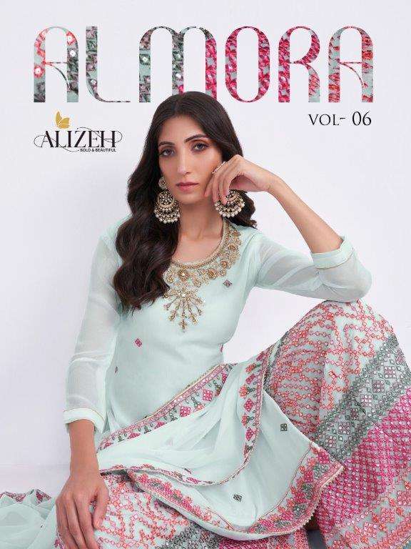 ALIZEH ALMORA VOL-6 3022 TO 3025 SERIES PURE GEORGETTE EMBROIDERY DRESSES-00001