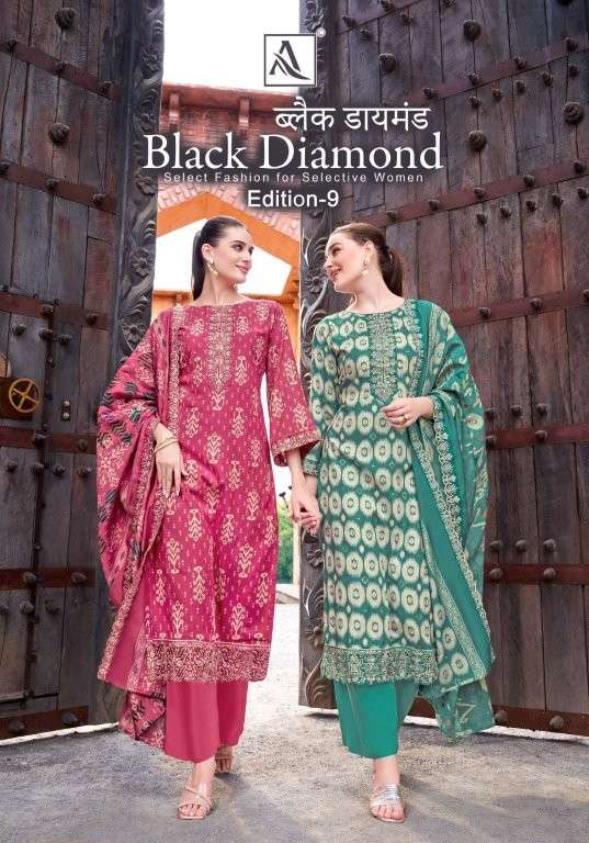 ALOK SUIT BLACK DIAMOND VOL-9 HEAVY EMBROIDERY RAYON PRINTED PAKISTANI DRESSES-00201