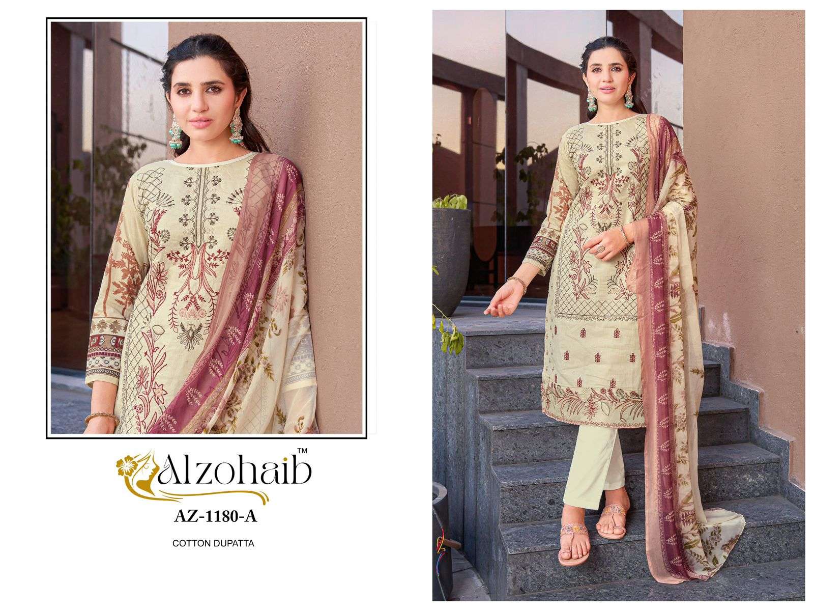 ALZOHAIB AZ-1180 COLOURS HEAVY EMBROIDERY COTTON PRINTED PAKISTANI DRESSES-00201