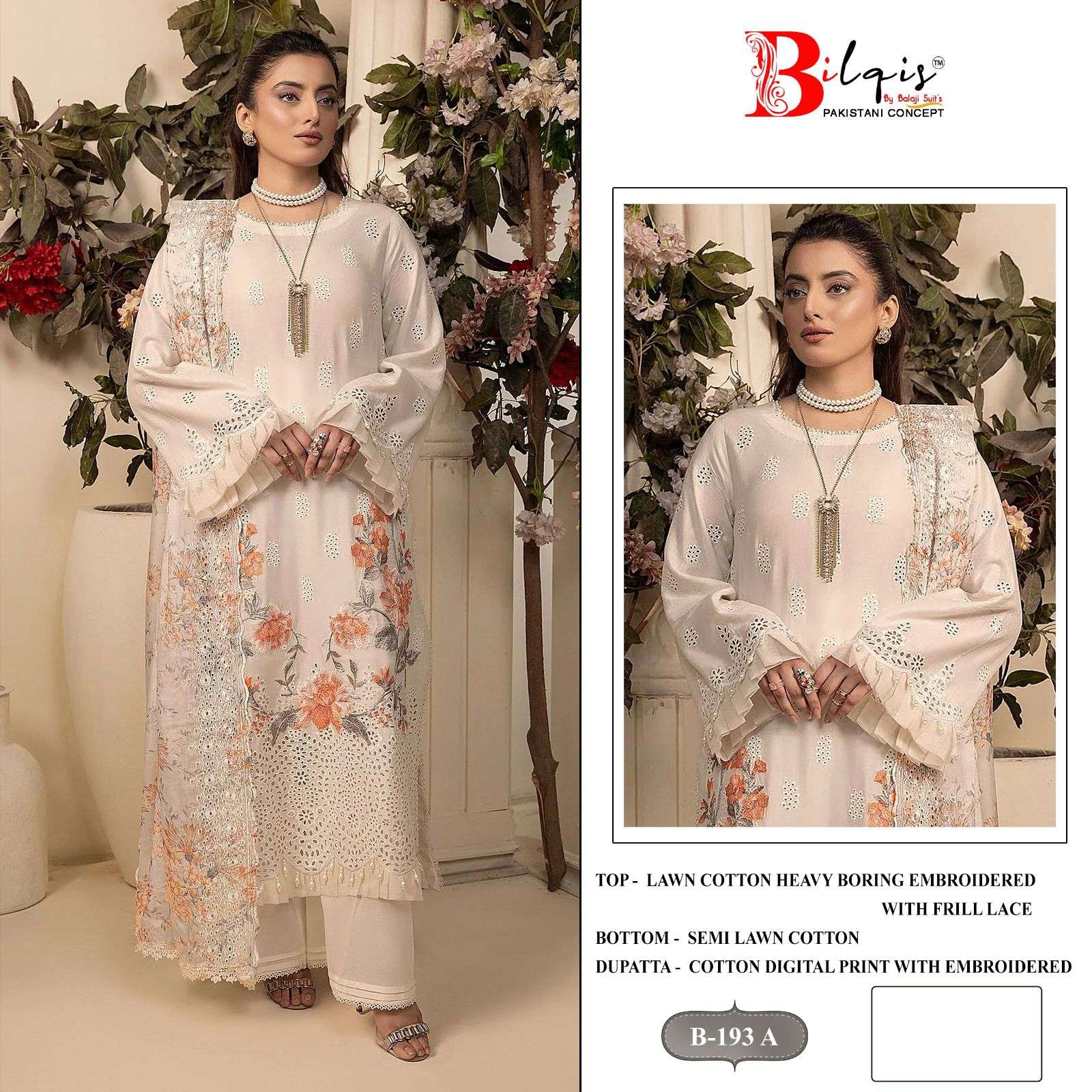 BILQIS B-193 COLOUR HEAVY EMBROIDERY LAWN COTTON PAKISTANI DRESSES-00201