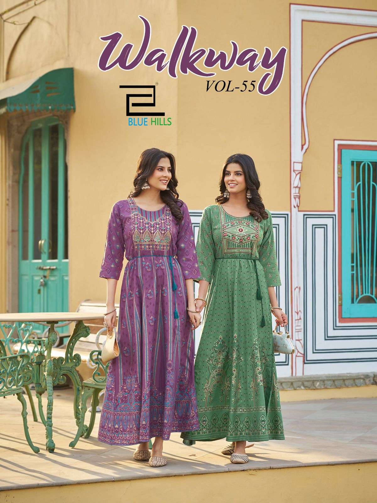 BLUE HILLS WALKWAY VOL-55 5501 TO 5508 SERIES PURE RAYON EMBROIDERY PRINTED GOWNS-00099