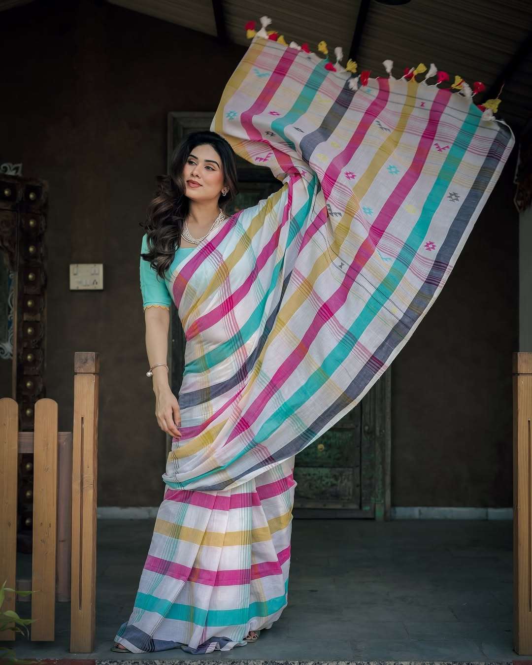 SC-COLOUR CHEX BY ASLIWHOLESALE DESIGNER PURE LINEN PRINTED SAREES-00292