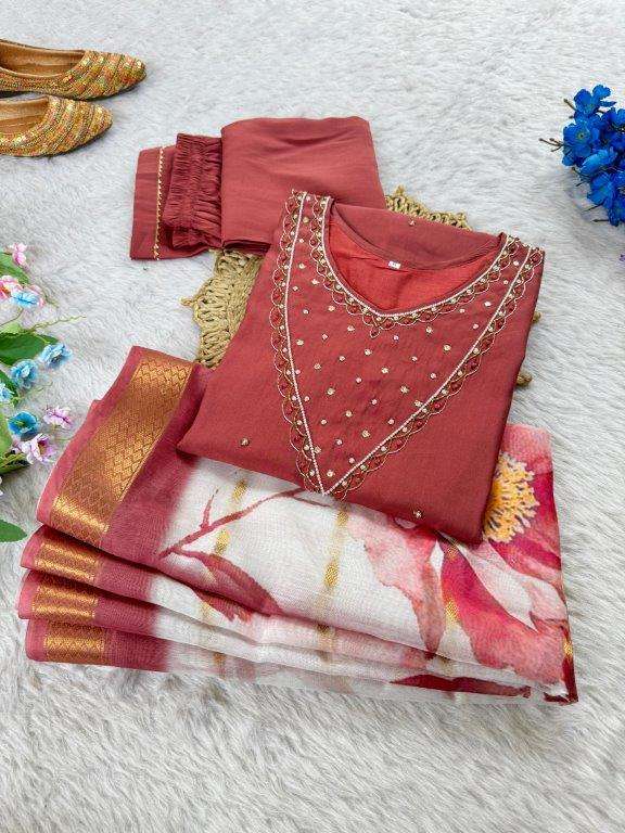 DN-476 BY ASLIWHOLESALE DESIGNER PURE ROMAN SILK EMBROIDERY DRESSES-00232