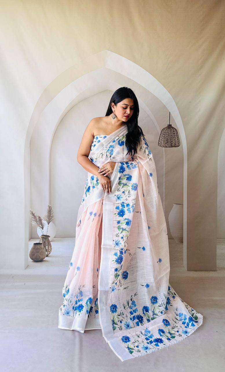 FLOWER LENIN HIT BY ASLIWHOLESALE DESIGNER PURE SOFT LINEN PRINTED SAREES-00271