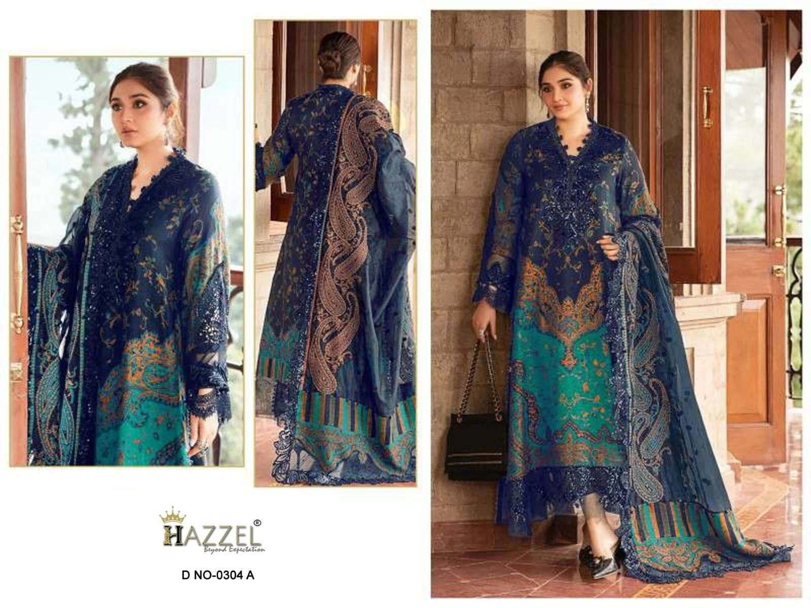 HAZZEL 304 COLOUR HEAVY EMBROIDERY CAMBRIC COTTON PRINTED PAKISTANI DRESSES-00062