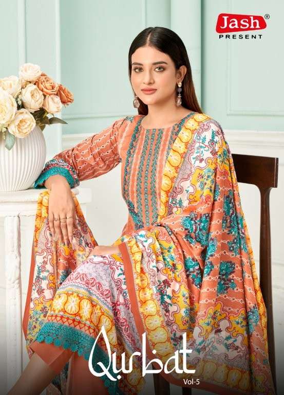JASH QURBAT VOL-5 5001 TO 5008 SERIES PURE COTTON PRINTED PAKISTANI DRESSES-00201