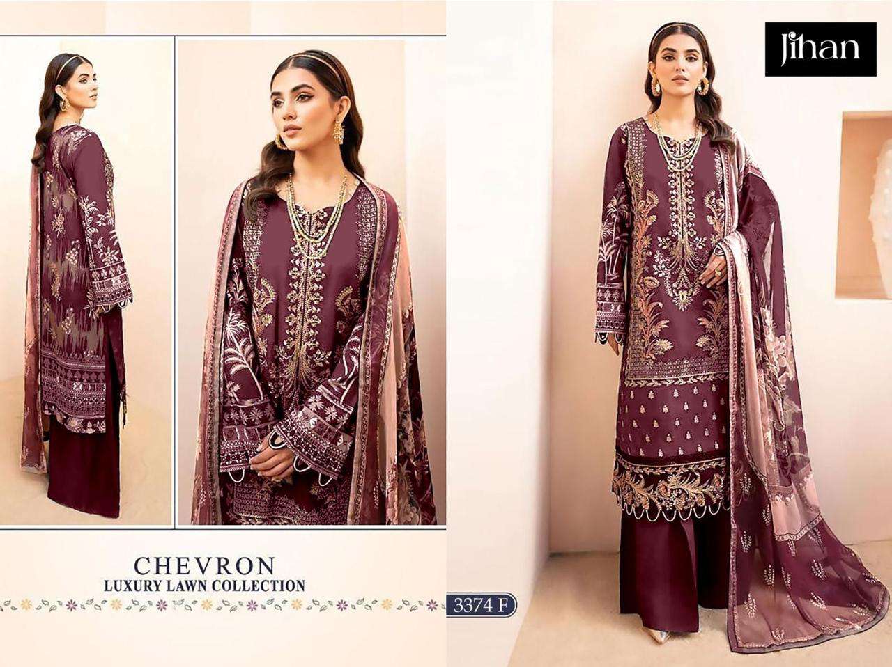 JIHAN CHEVRON LUXURY COLLECTION 3374 SERIES PURE HEAVY LAWN COTTON EMBROIDERY PAKISTANI DRESSES-0007...