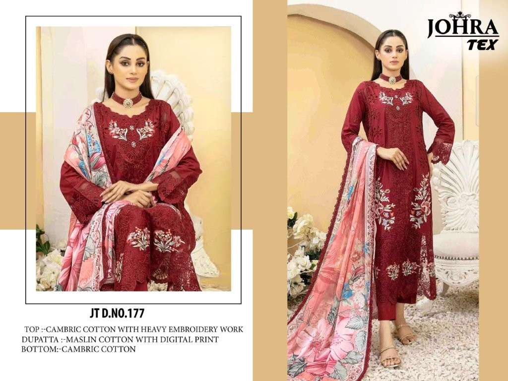 JOHRA TEX JT-177 HIT DESIGNE PURE CAMRIC COTTON EMBROIDERY DRESS-00071