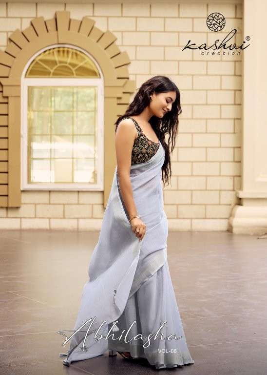 KASHVI CREATION ABHILASHA VOL-6 601 TO 608 SERIES PURE LINEN SILK PRINTED SAREES-00271