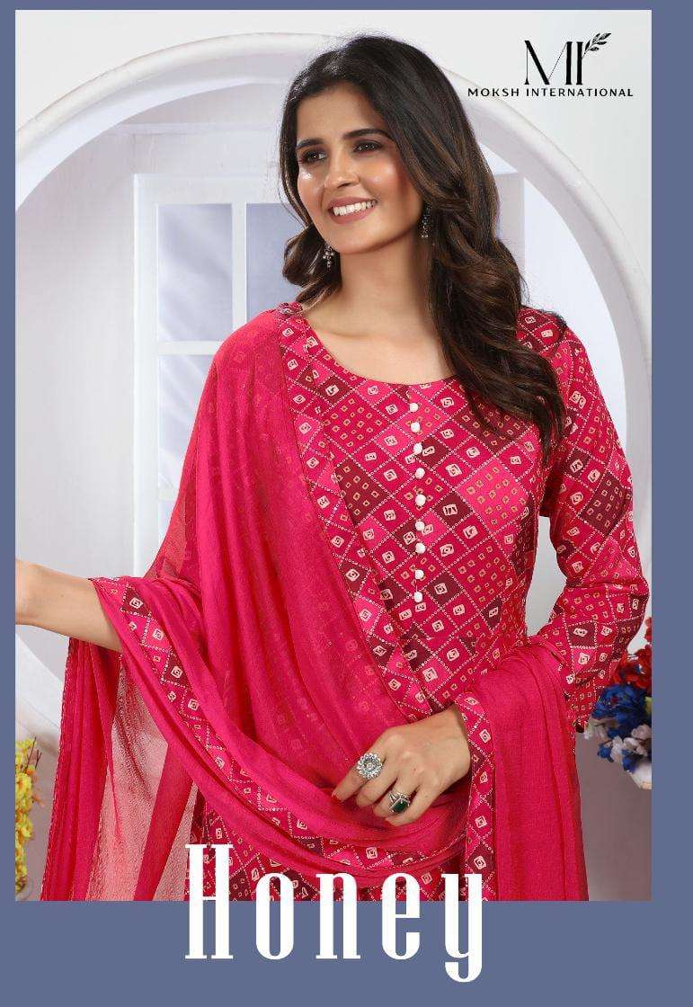 MOKSH INTERNATIONAL HONEY VOL-1 4111 TO 4114 SERIES PURE CHANDERI PRINTED KURTIS-00154