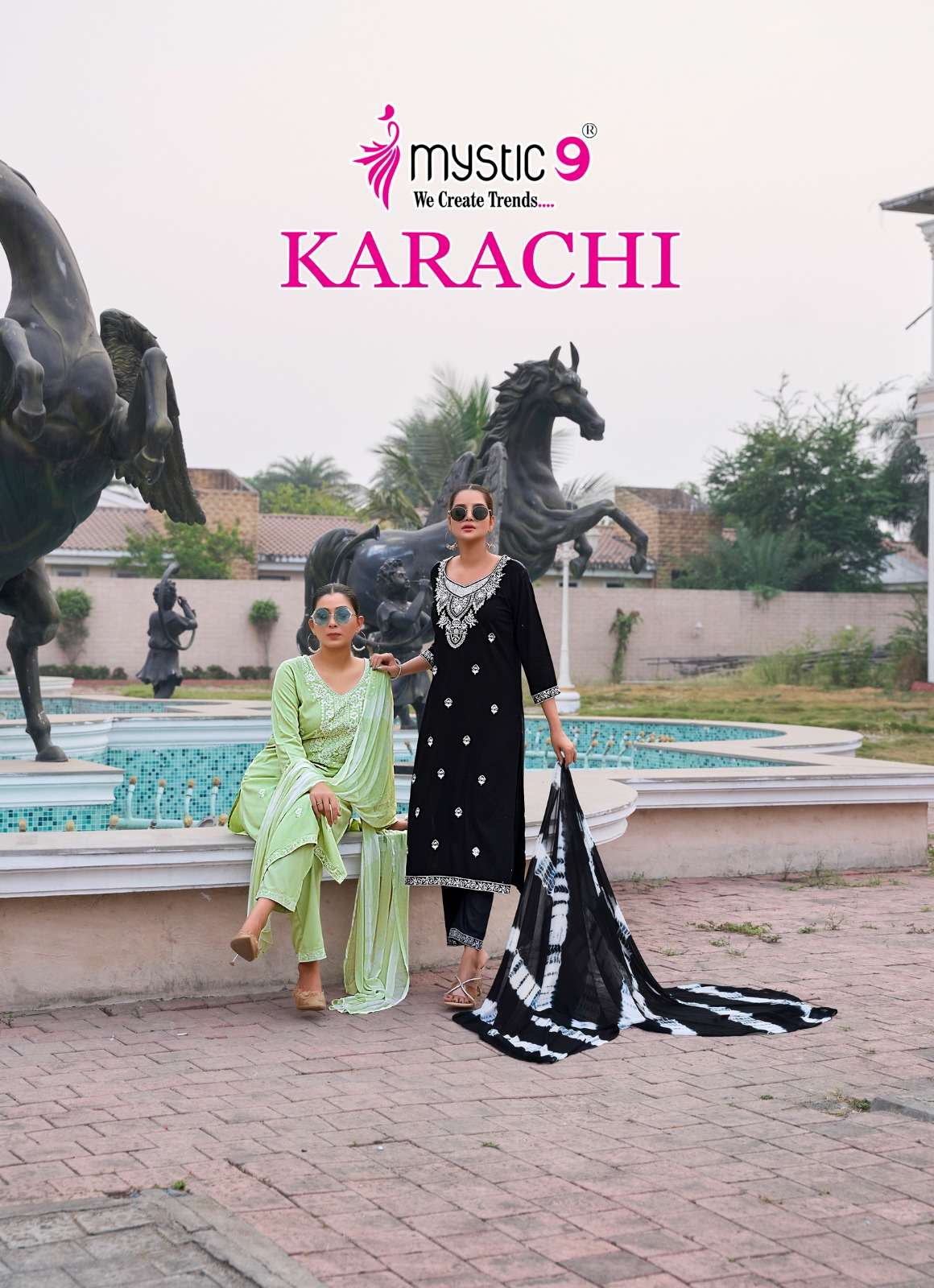 MYSTIC 9 KARACHI VOL-06 6001 TO 6006 SERIES PURE RAYON FOIL EMBROIDERY DRESSES-00140