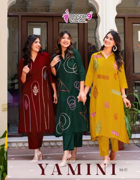MYSTIC 9 YAMINI VOL-01 PURE VERTICAN LINEN EMBROIDERY KURTIS-00140
