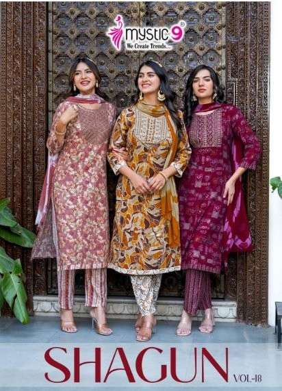 MYSTIC9 SHAGUN VOL-18 1801 TO 1808 SERIES PURE RAYON PRINTED DRESSES-00140